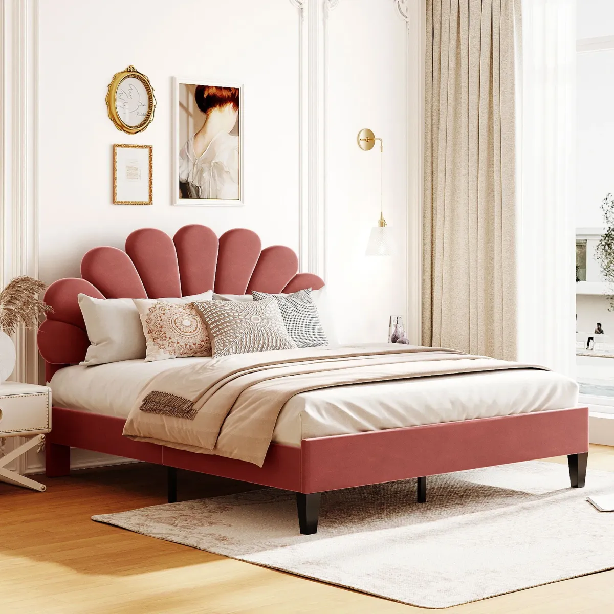 Upholstered Platform Bed With Flower Pattern Velvet Headboard