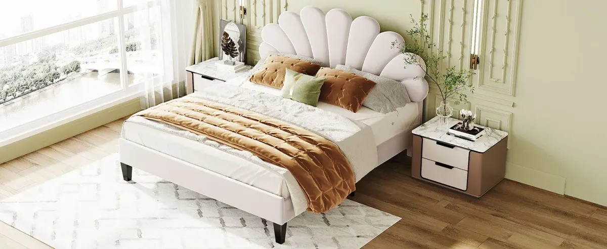 Upholstered Platform Bed With Flower Pattern Velvet Headboard