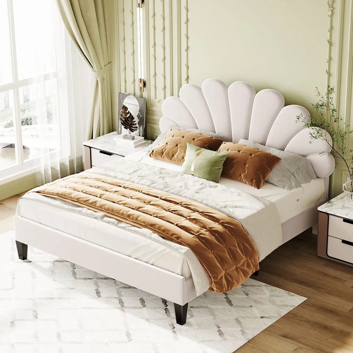 Upholstered Platform Bed With Flower Pattern Velvet Headboard