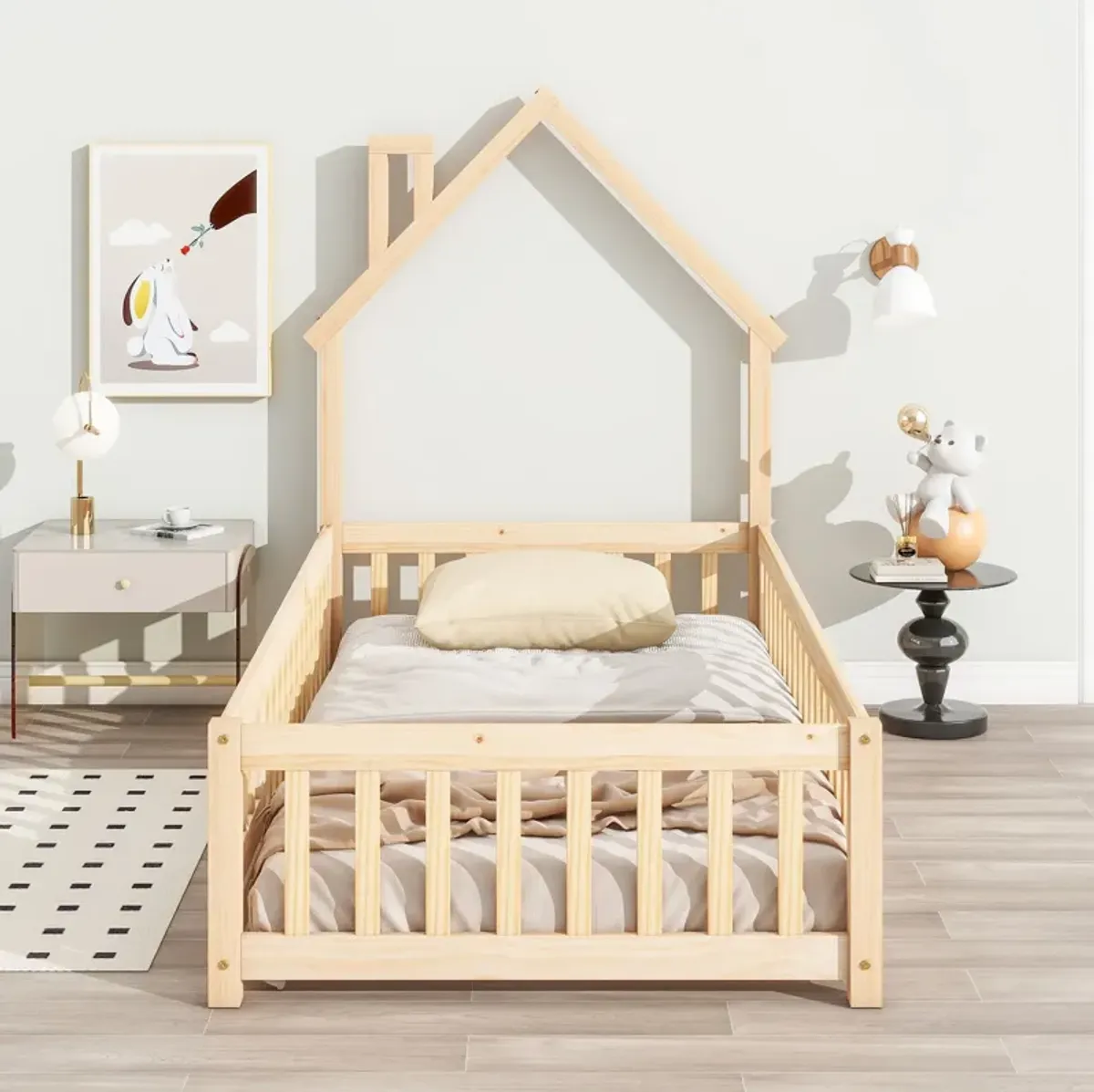 House-Shaped Headboard Floor Bed With Fence