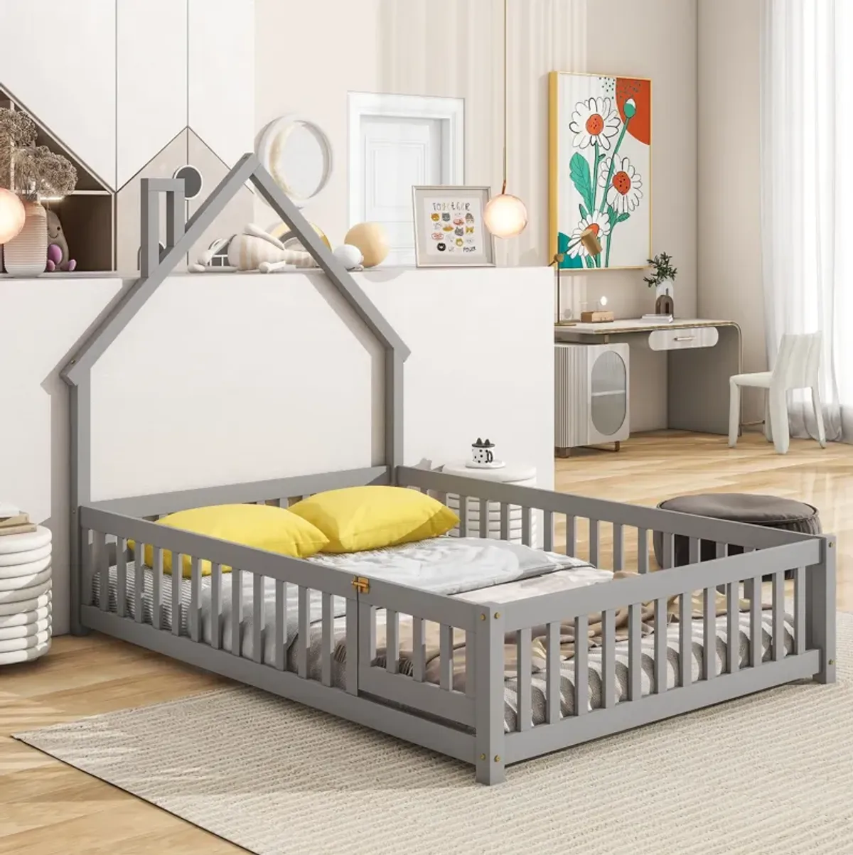 House-Shaped Headboard Floor Bed With Fence