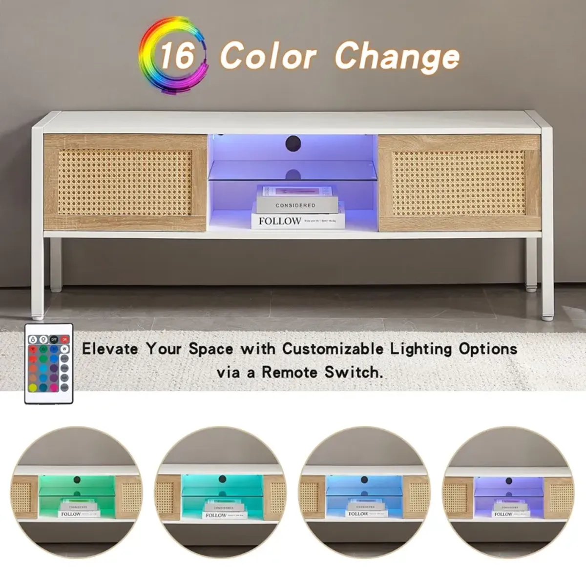 Rattan TV Cabinet With Variable Color Light Strip, Double Sliding Doors For Storage, Adjustable Shelf, Metal Legs, TV Console For Living Room