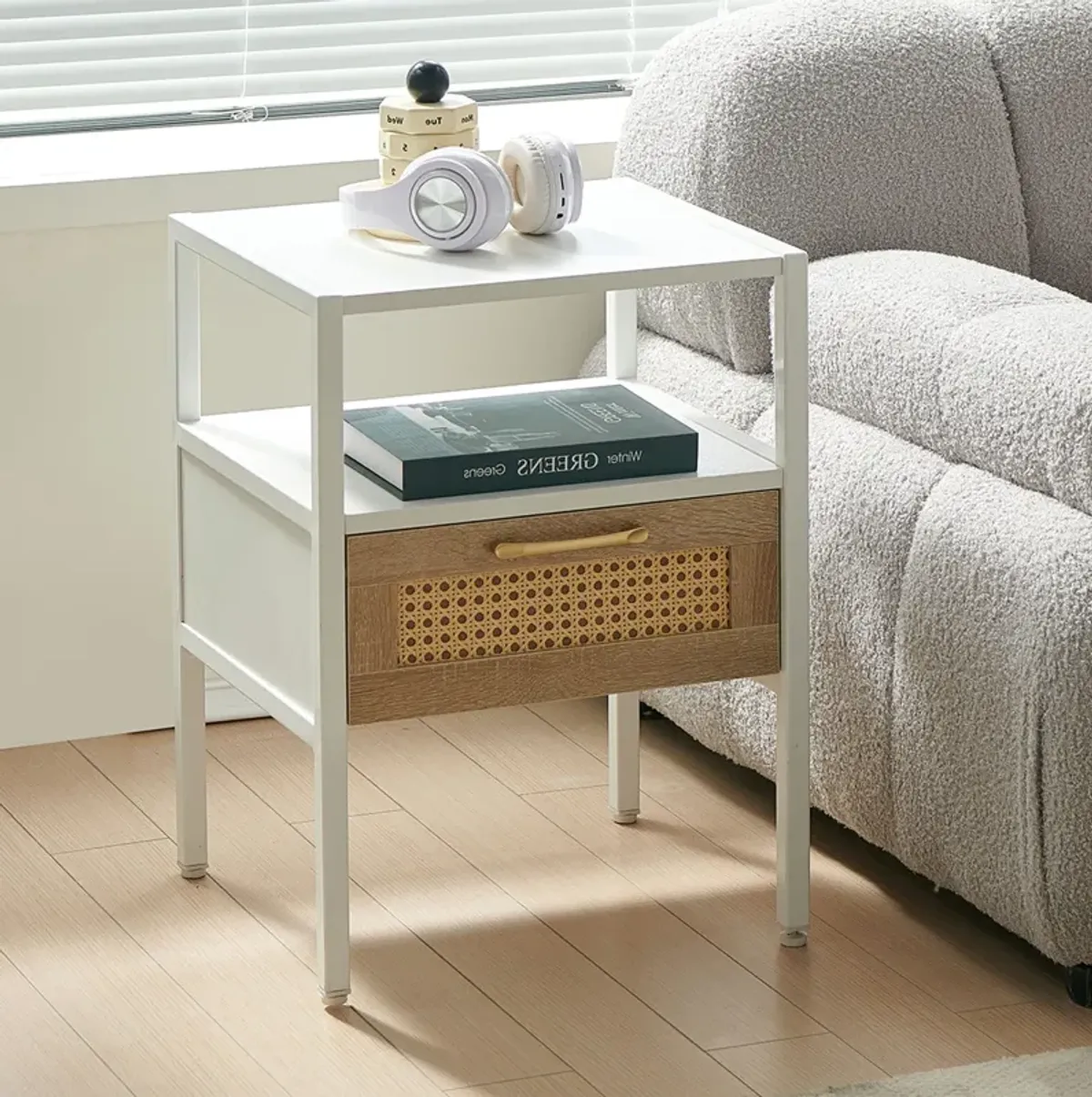 Rattan End Table With Drawer, Modern Nightstand, Metal Legs, Side Table For Living Room, Bedroom