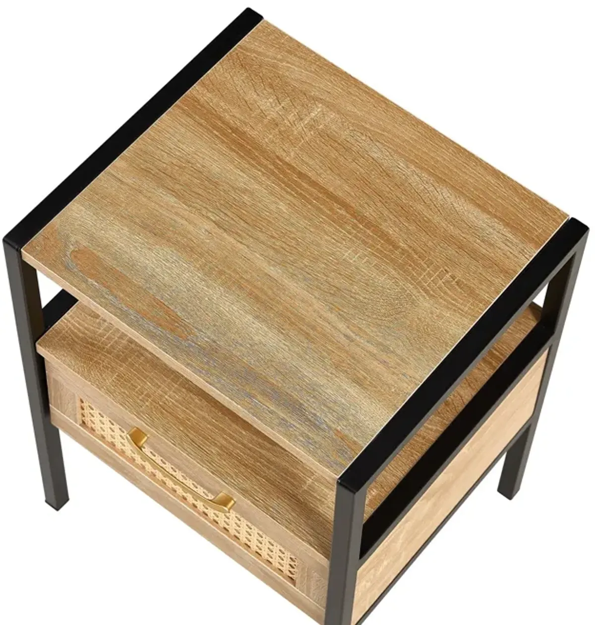 Rattan End Table With Drawer, Modern Nightstand, Metal Legs, Side Table For Living Room, Bedroom