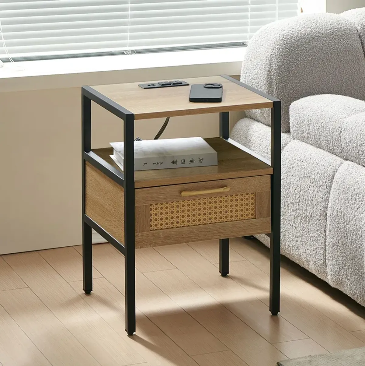 Rattan End Table With Power Outlet & USB Ports, Modern Nightstand With Drawer And Metal Legs, Side Table For Living Room, Bedroom