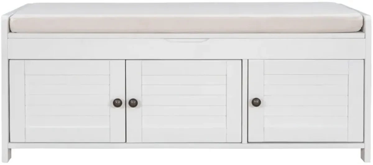 Storage Bench With 3 Shutter-Shaped Doors, Shoe Bench With Removable Cushion And Hidden Storage Space