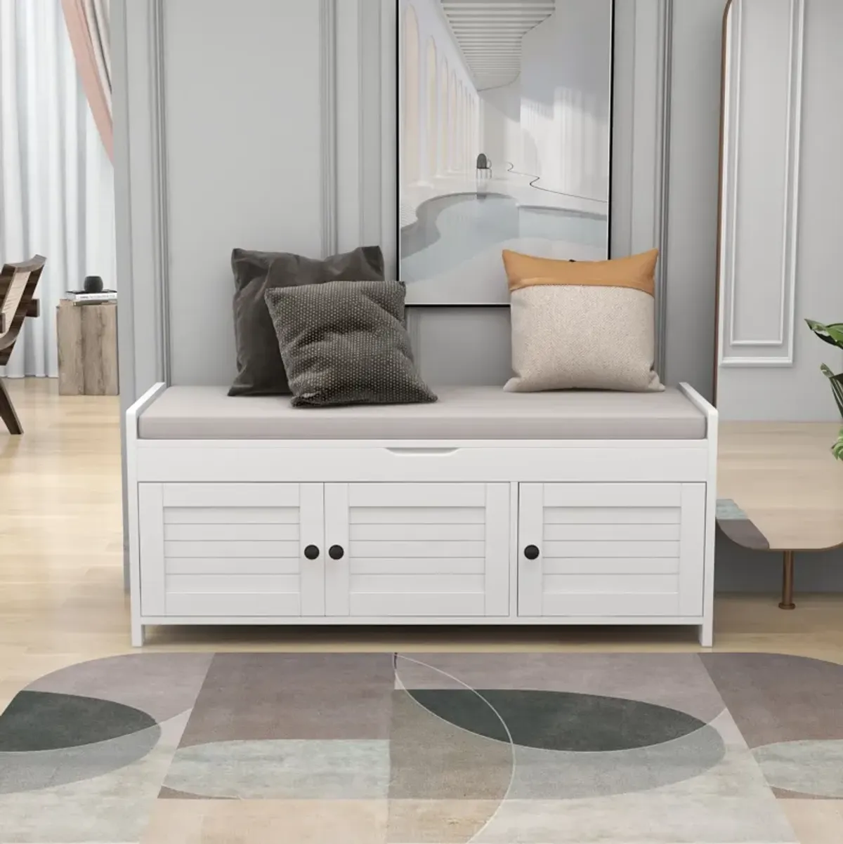 Storage Bench With 3 Shutter-Shaped Doors, Shoe Bench With Removable Cushion And Hidden Storage Space