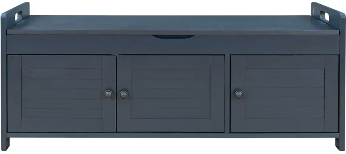 Storage Bench With 3 Shutter-Shaped Doors, Shoe Bench With Removable Cushion And Hidden Storage Space