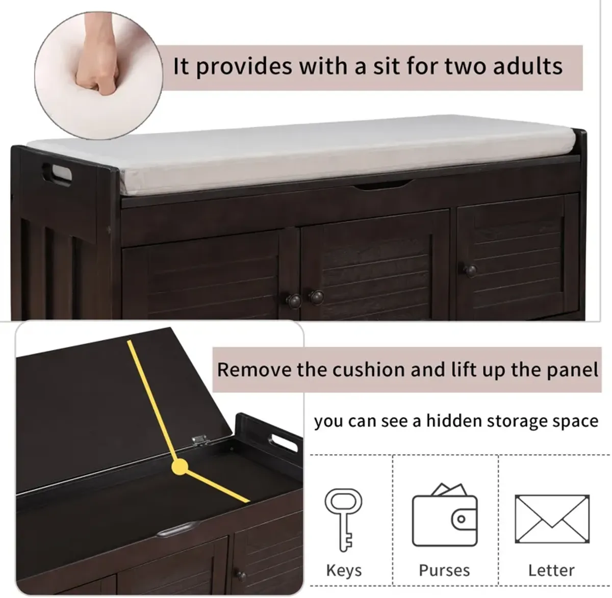 Storage Bench With 3 Shutter-Shaped Doors, Shoe Bench With Removable Cushion And Hidden Storage Space