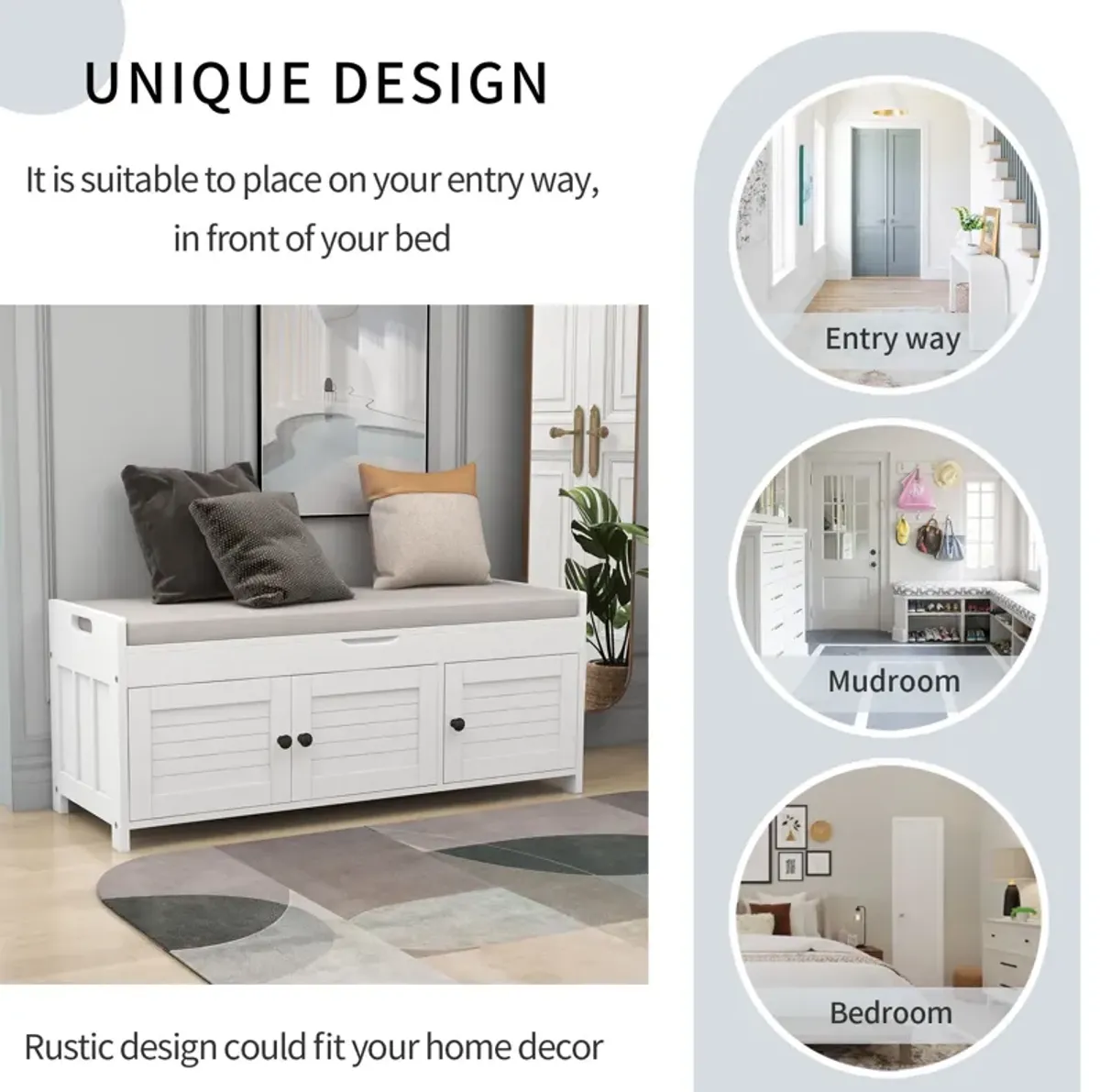 Storage Bench With 3 Shutter-Shaped Doors, Shoe Bench With Removable Cushion And Hidden Storage Space