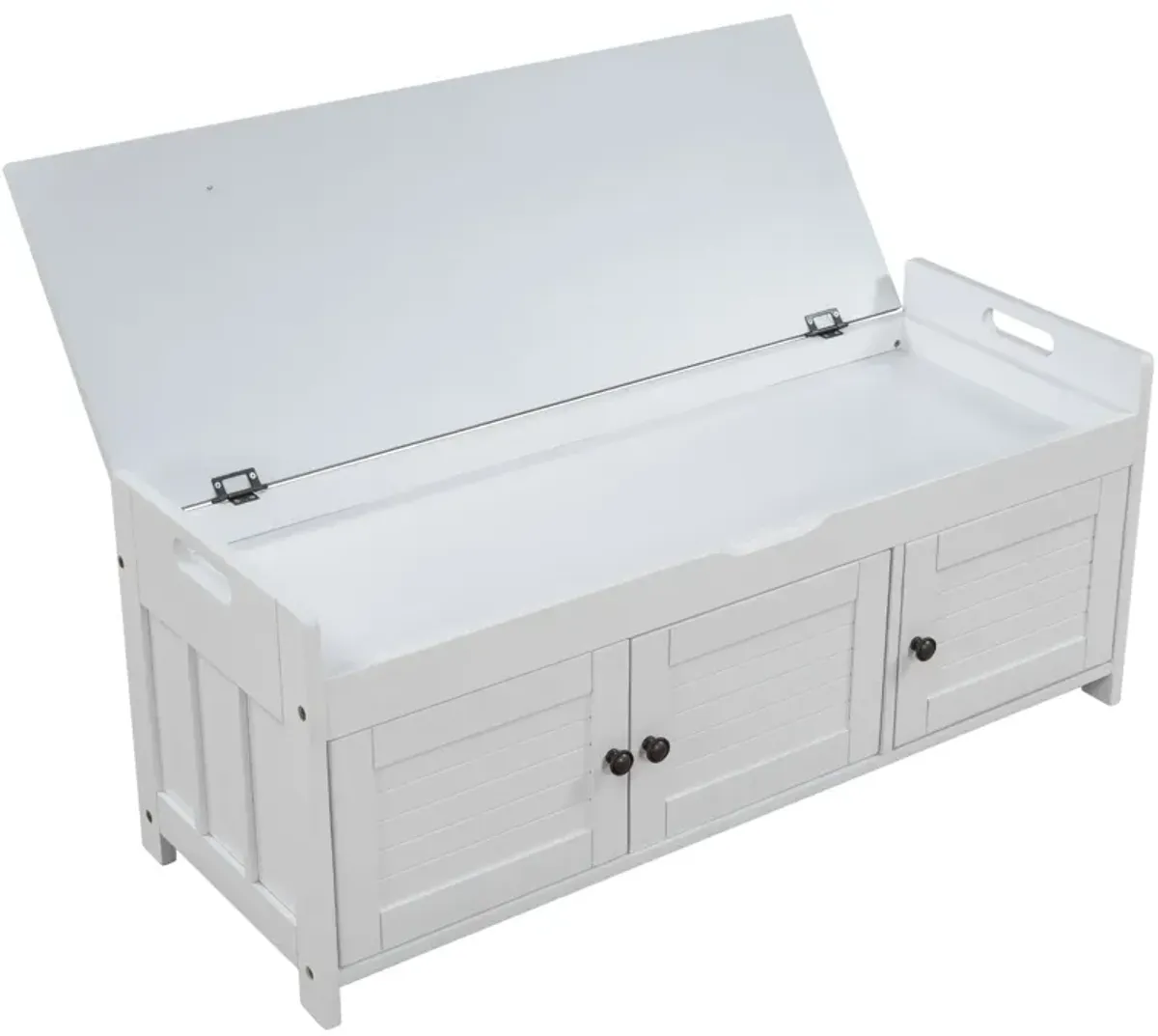 Storage Bench With 3 Shutter-Shaped Doors, Shoe Bench With Removable Cushion And Hidden Storage Space