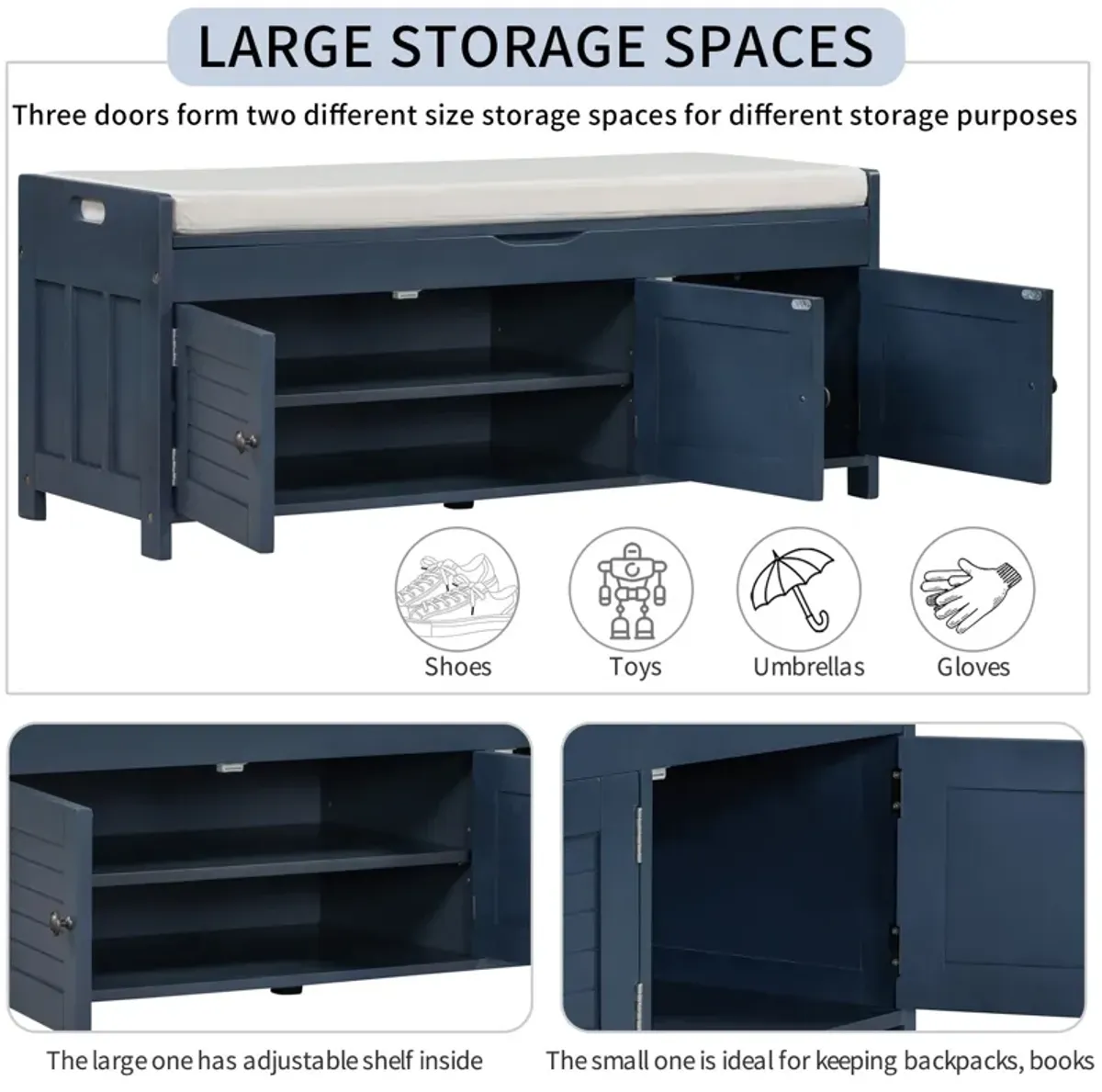 Storage Bench With 3 Shutter-Shaped Doors, Shoe Bench With Removable Cushion And Hidden Storage Space