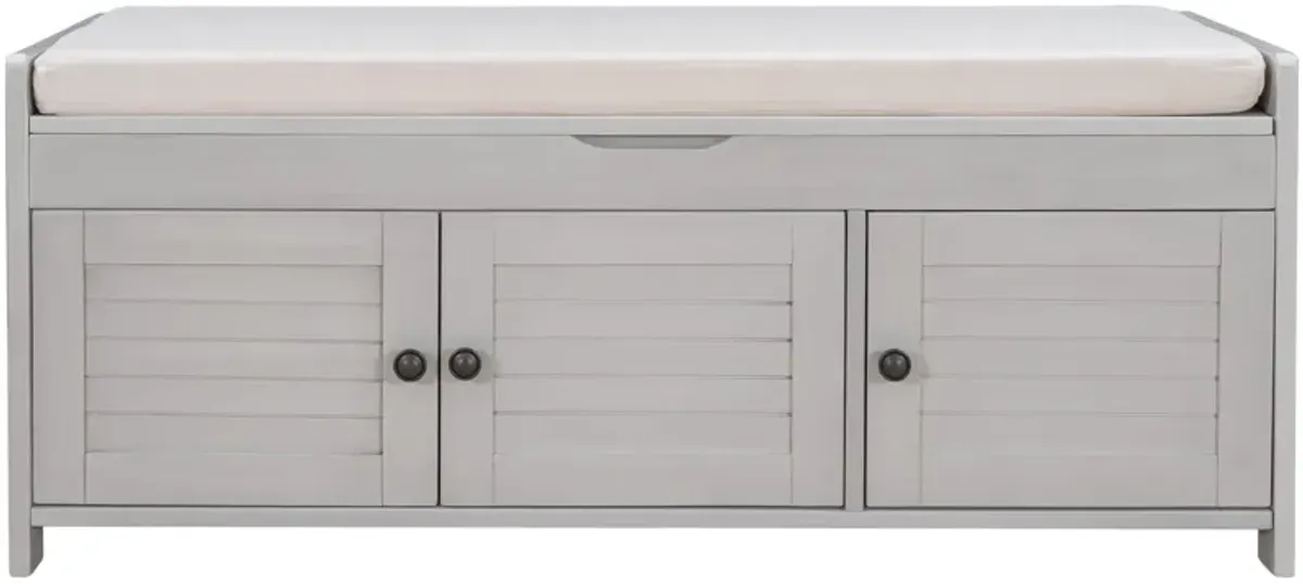 Storage Bench With 3 Shutter-Shaped Doors, Shoe Bench With Removable Cushion And Hidden Storage Space