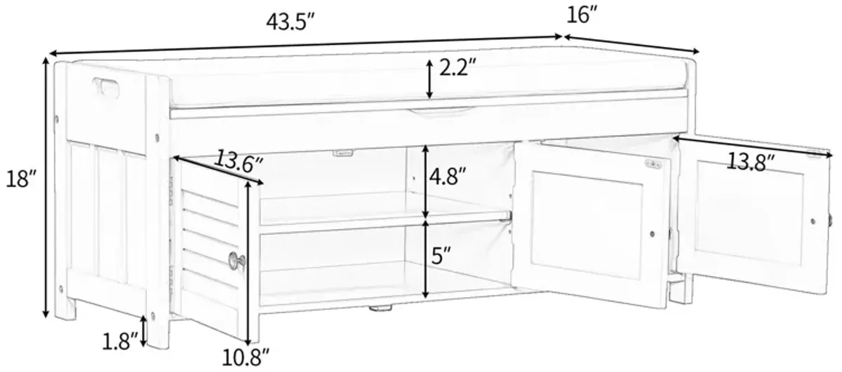 Storage Bench With 3 Shutter-Shaped Doors, Shoe Bench With Removable Cushion And Hidden Storage Space