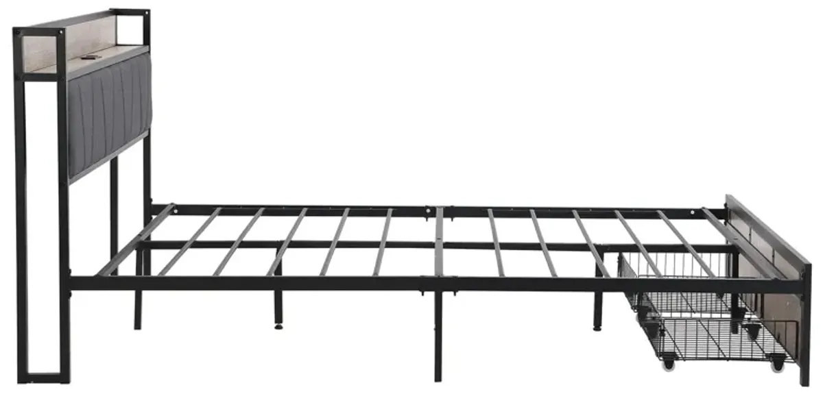 Metal Platform Bed Frame With Upholsteryolstery Storage Function Headboard And USB Liner And Footboard With Drawers, No Box Spring Needed, Large Under Bed Storage