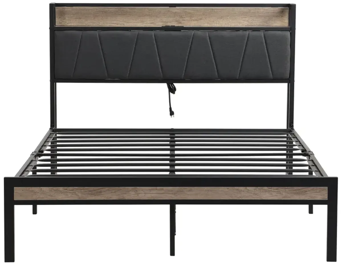 Metal Platform Bed Frame With Upholsteryolstery Storage Function Headboard And USB Liner And Footboard With Drawers, No Box Spring Needed, Large Under Bed Storage