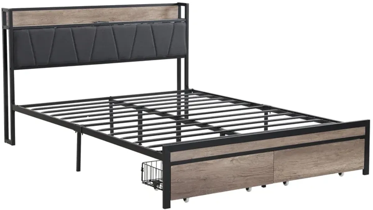 Metal Platform Bed Frame With Upholsteryolstery Storage Function Headboard And USB Liner And Footboard With Drawers, No Box Spring Needed, Large Under Bed Storage