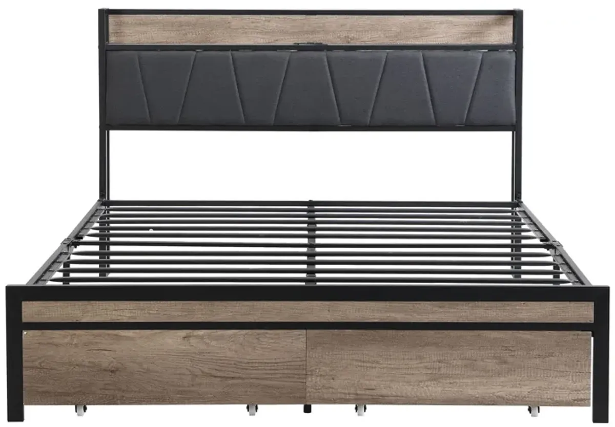 Metal Platform Bed Frame With Upholsteryolstery Storage Function Headboard And USB Liner And Footboard With Drawers, No Box Spring Needed, Large Under Bed Storage