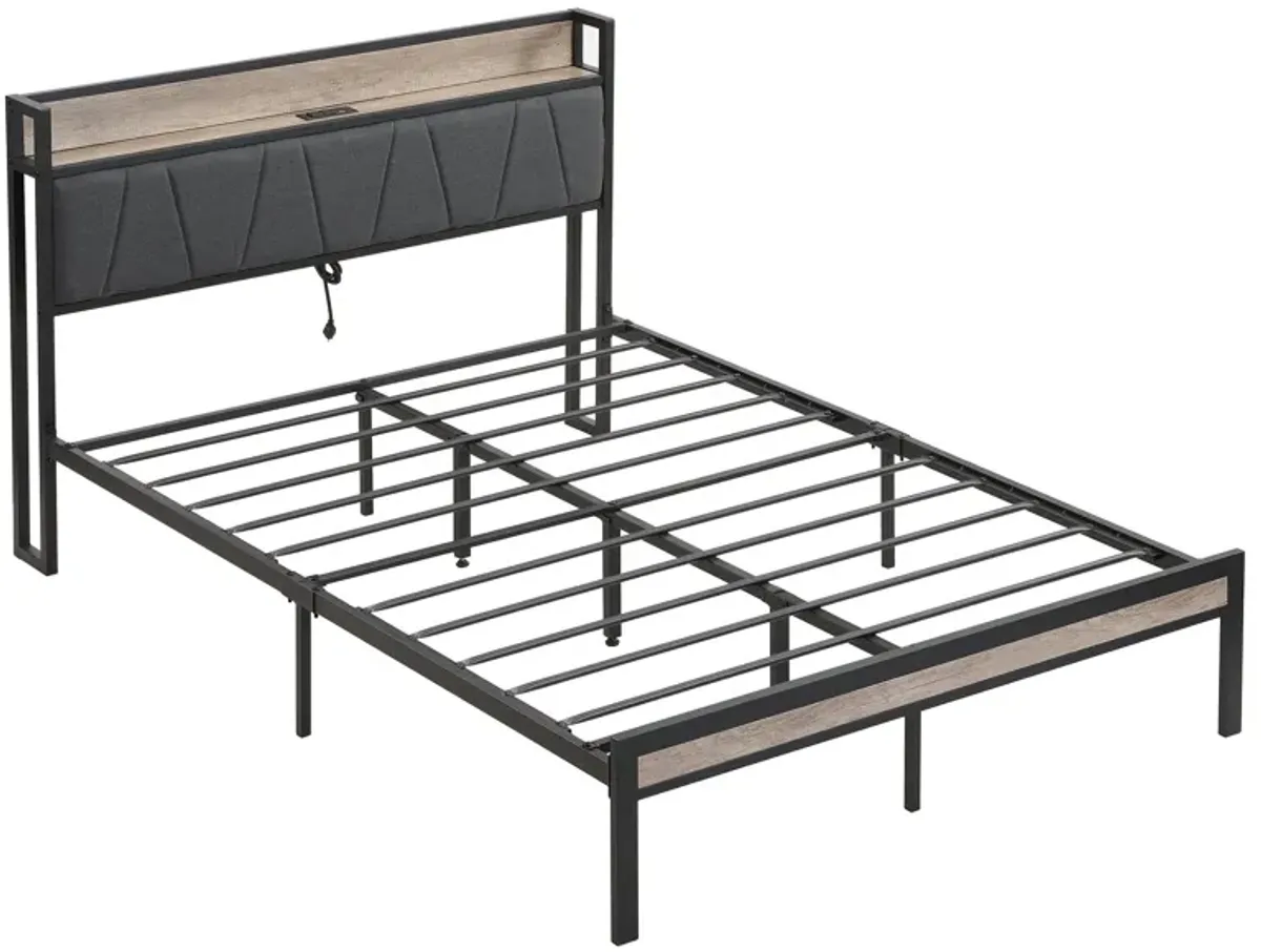 Metal Platform Bed Frame With Upholsteryolstery Storage Function Headboard And USB Liner And Footboard With Drawers, No Box Spring Needed, Large Under Bed Storage