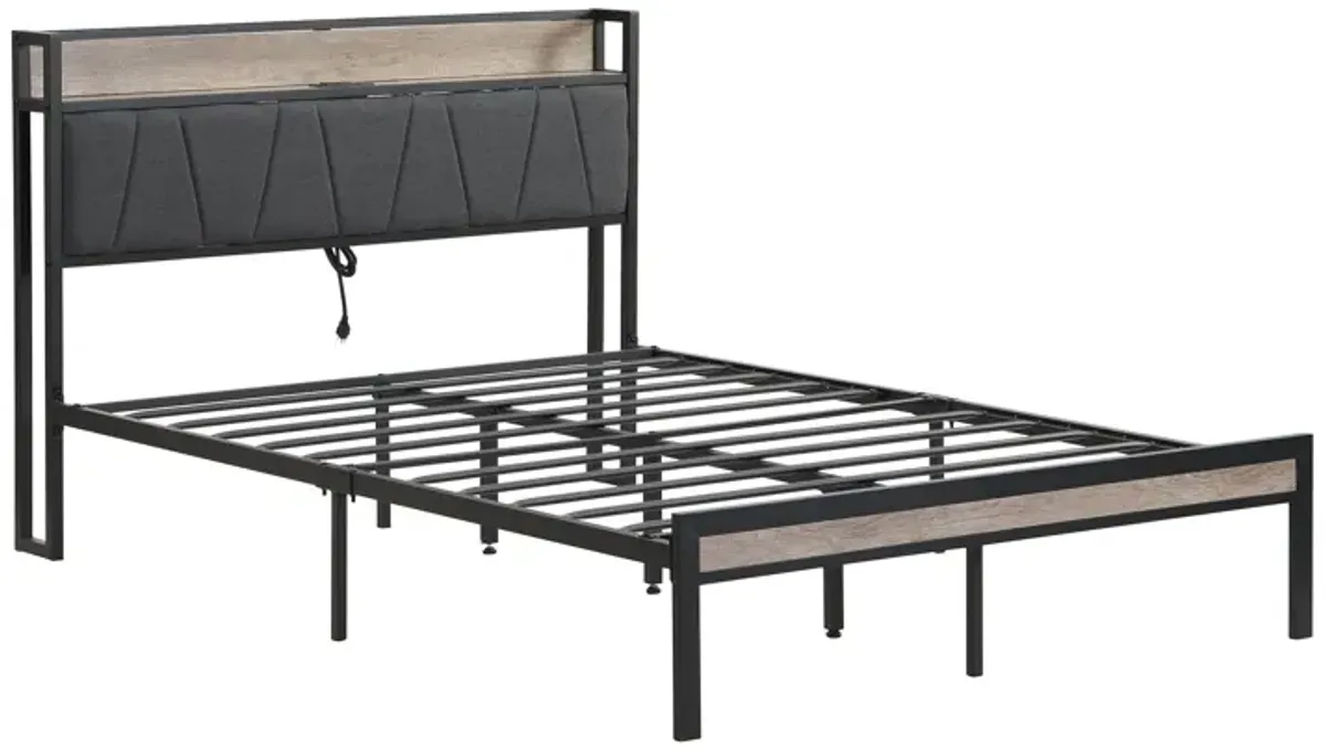 Metal Platform Bed Frame With Upholsteryolstery Storage Function Headboard And USB Liner And Footboard With Drawers, No Box Spring Needed, Large Under Bed Storage