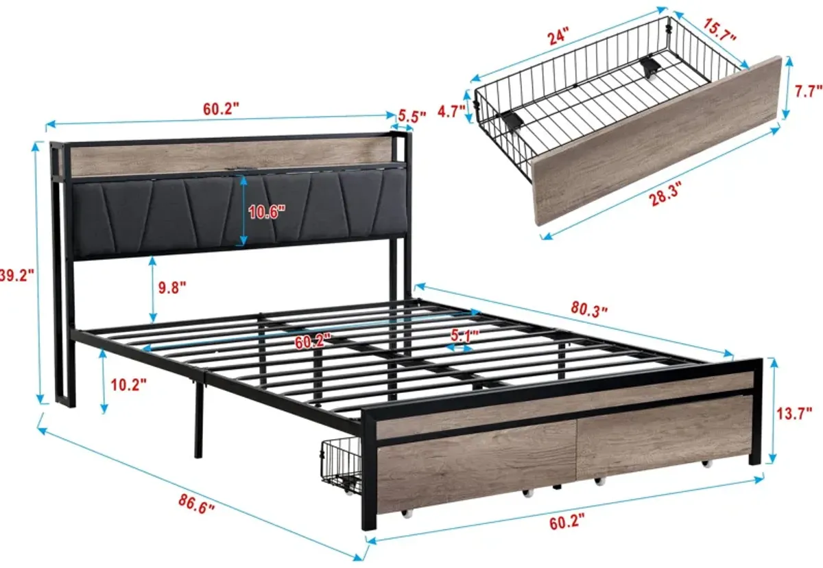 Metal Platform Bed Frame With Upholsteryolstery Storage Function Headboard And USB Liner And Footboard With Drawers, No Box Spring Needed, Large Under Bed Storage