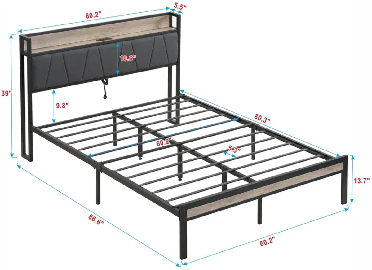 Metal Platform Bed Frame With Upholsteryolstery Storage Function Headboard And USB Liner And Footboard With Drawers, No Box Spring Needed, Large Under Bed Storage