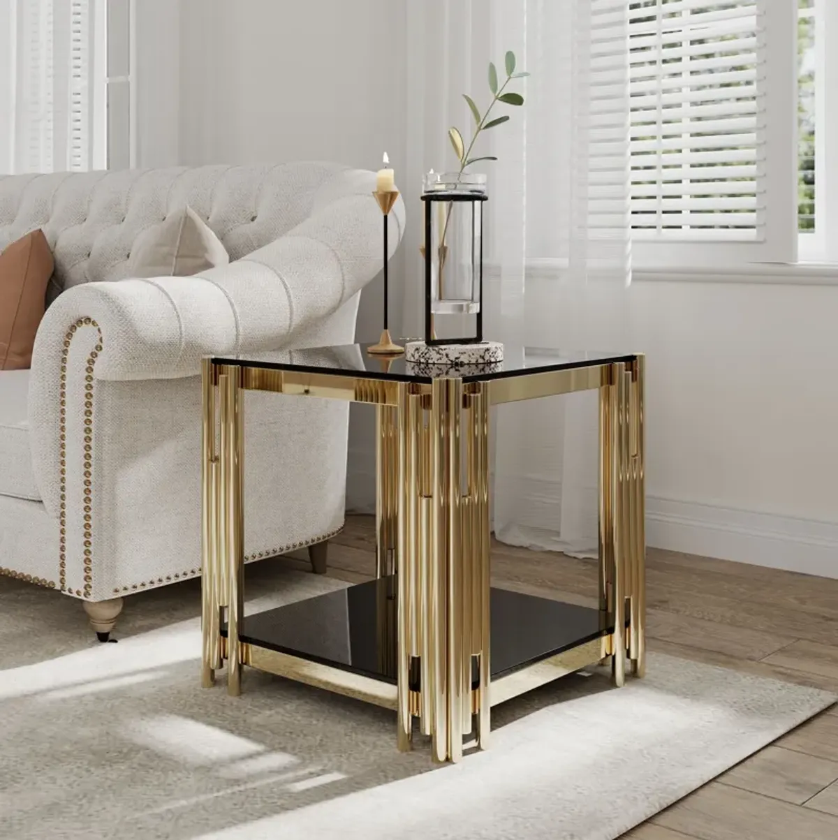 Square End Table With Tempered Glass Top For Living Room