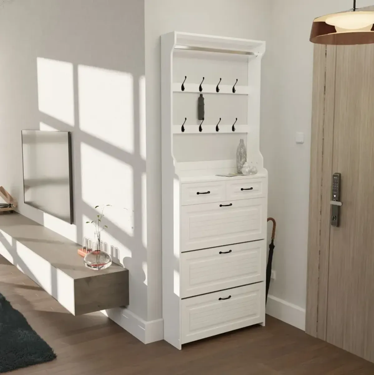 Shoe Cabinet With 3 Doors 2 Drawers With Hanger, Door With Shape, Large Space For Storage