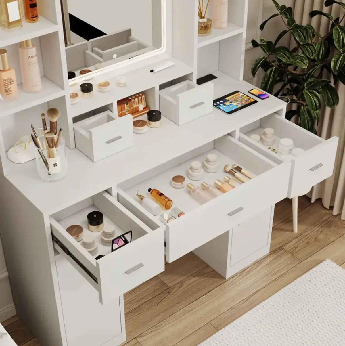 43.31" Newly Designed Smart Mirror Dressing Table With Drawers And Storage Cabinet, Dressing Table With Dressing Pad For Bedroom, Dressing Room