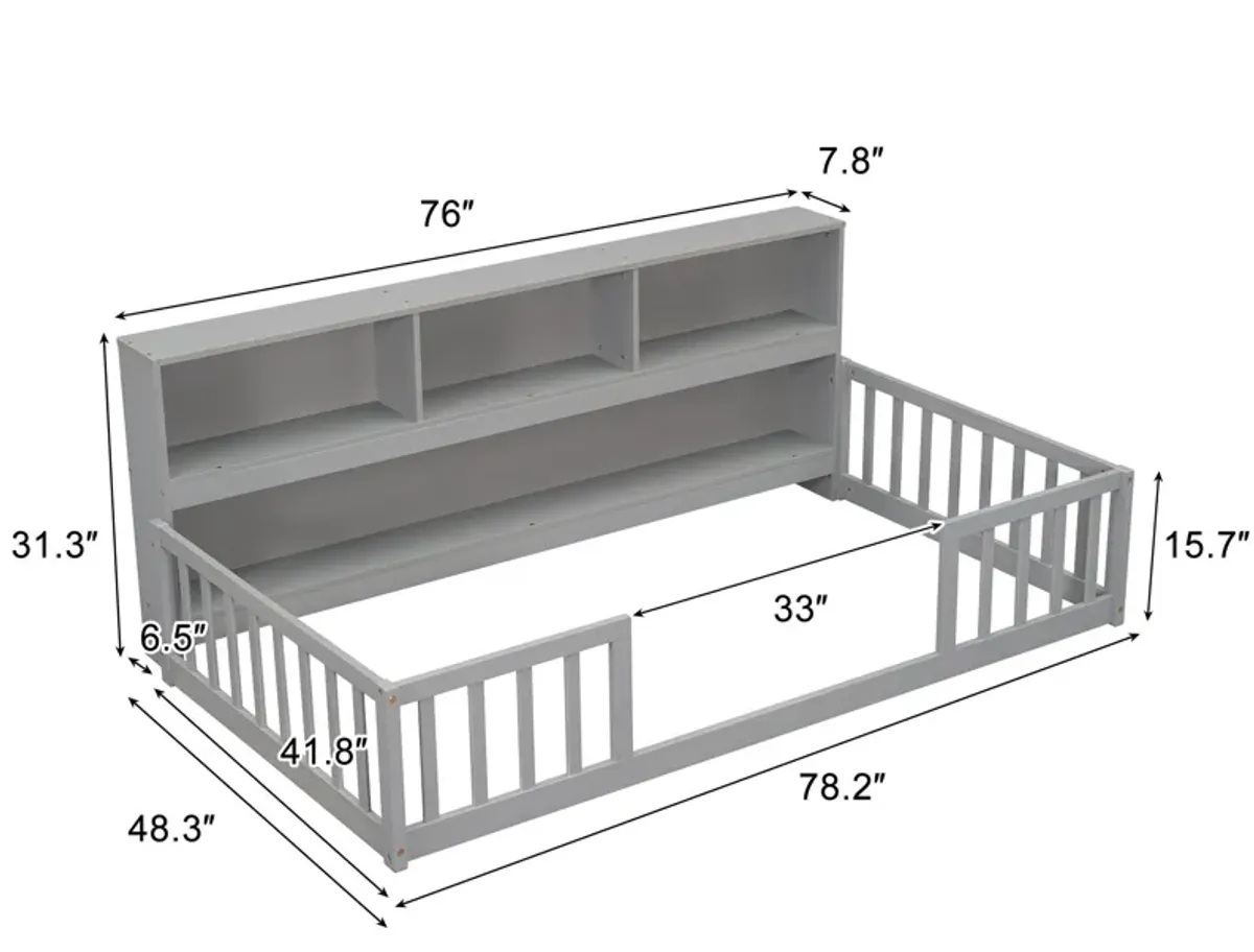 Floor Bed With Bedside Bookcase, Shelves, Guardrails