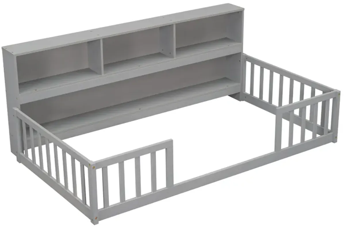 Floor Bed With Bedside Bookcase, Shelves, Guardrails