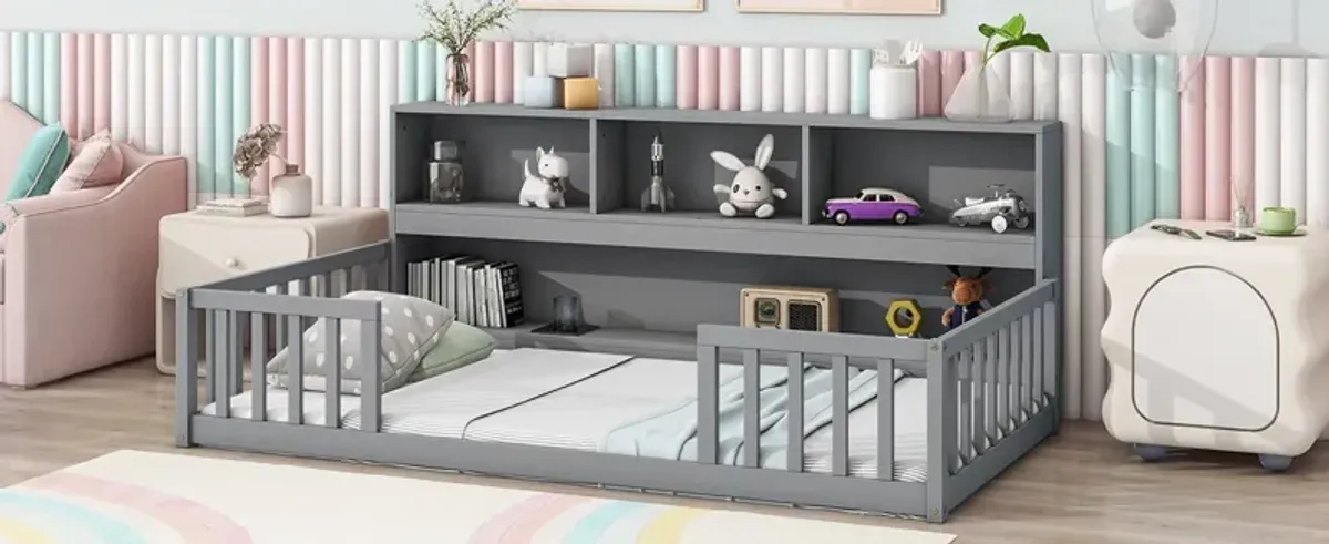 Floor Bed With Bedside Bookcase, Shelves, Guardrails