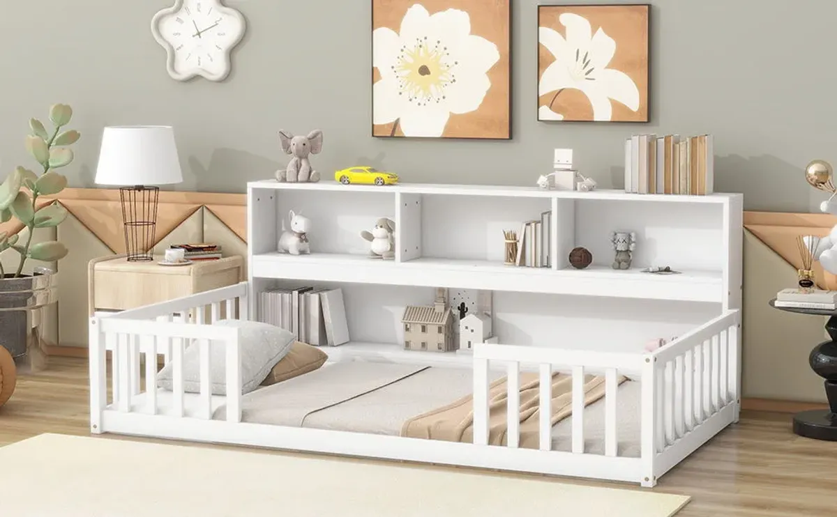 Floor Bed With Bedside Bookcase, Shelves, Guardrails