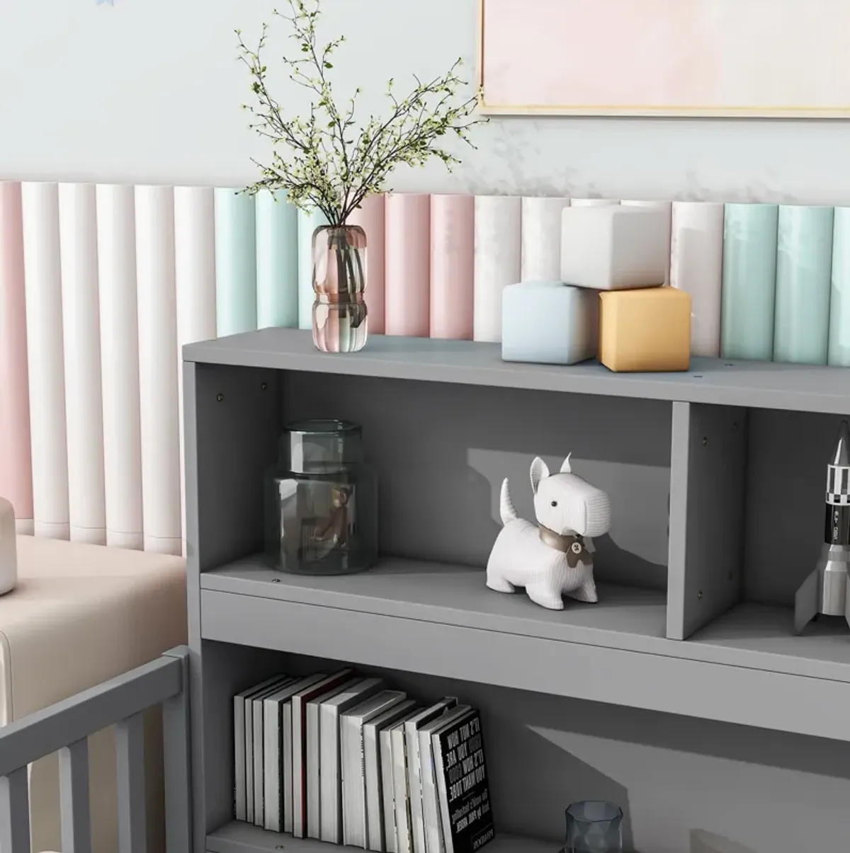 Floor Bed With Bedside Bookcase, Shelves, Guardrails