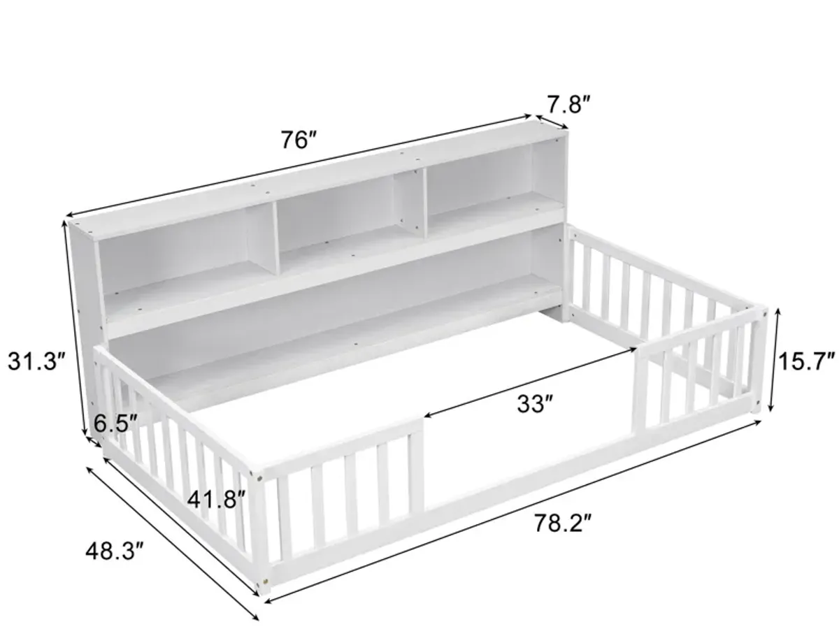 Floor Bed With Bedside Bookcase, Shelves, Guardrails