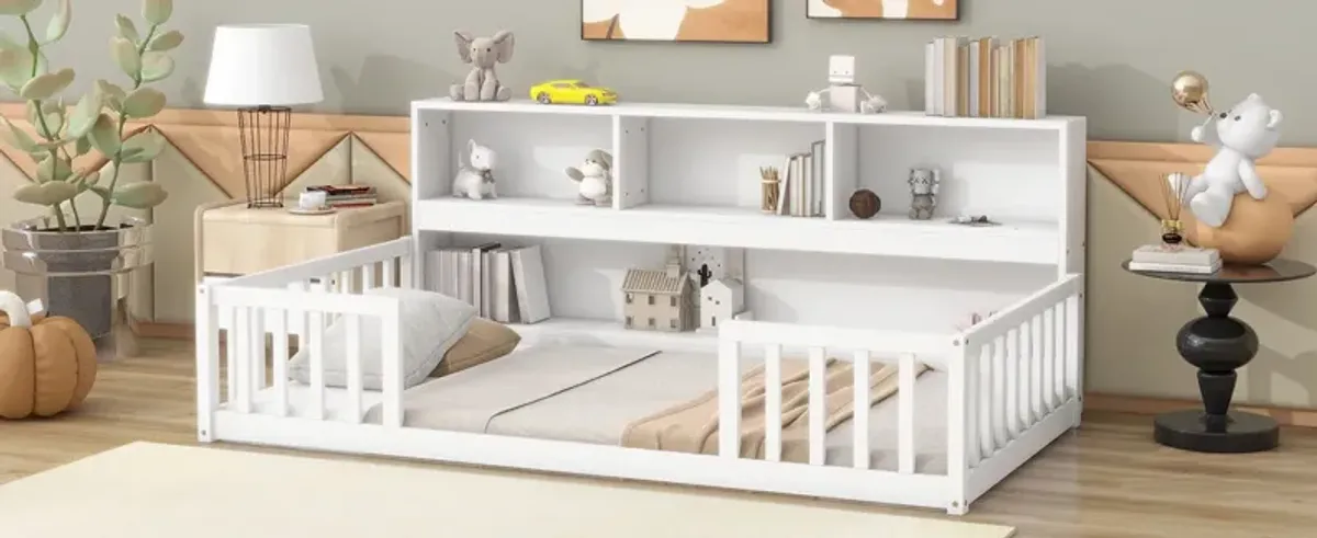 Floor Bed With Bedside Bookcase, Shelves, Guardrails