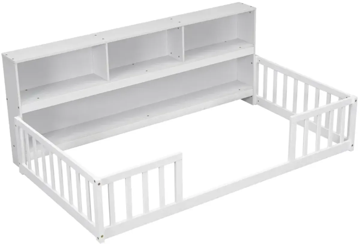 Floor Bed With Bedside Bookcase, Shelves, Guardrails