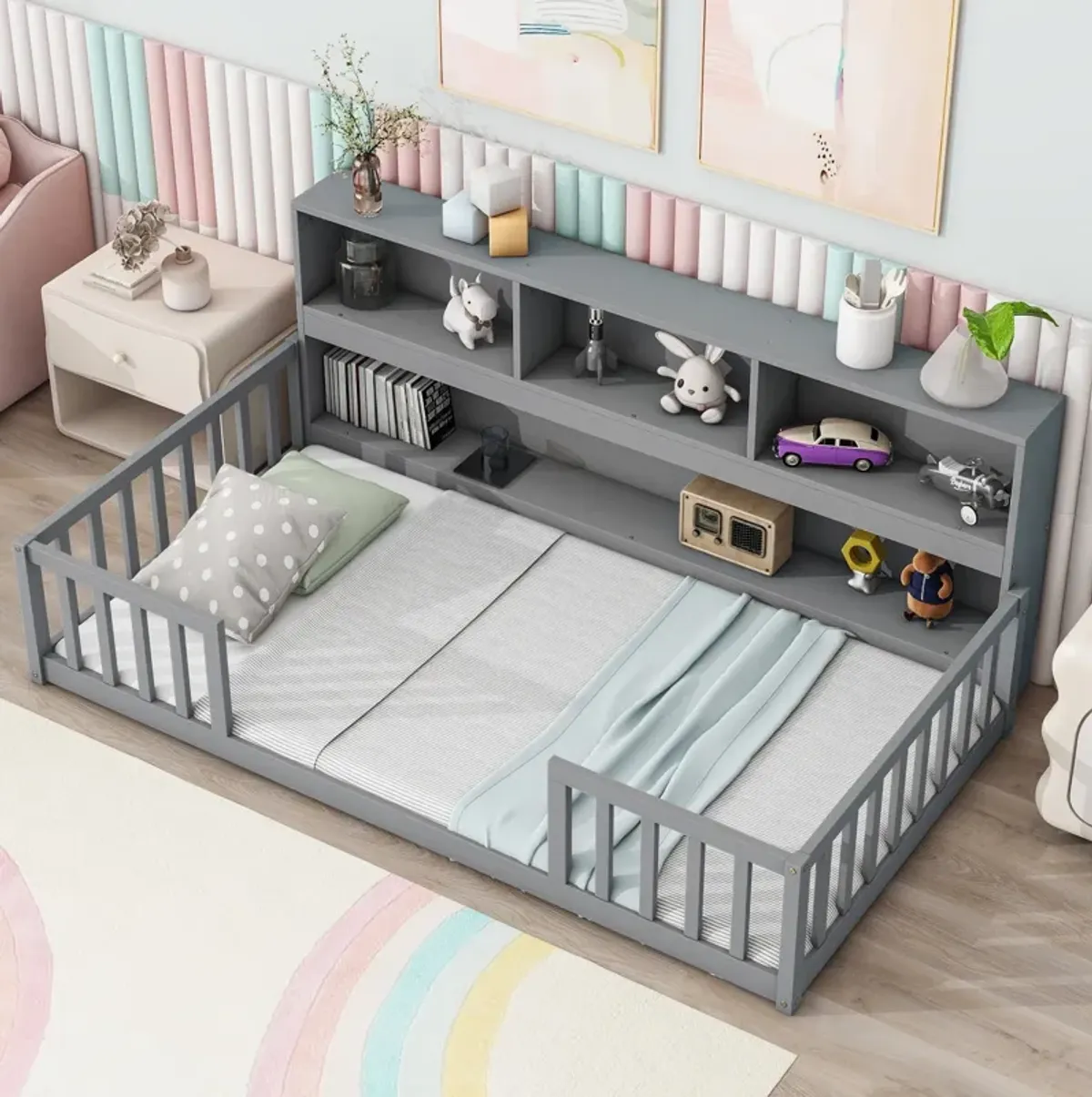 Floor Bed With Bedside Bookcase, Shelves, Guardrails