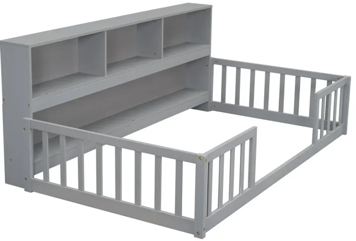 Floor Bed With Bedside Bookcase, Shelves, Guardrails