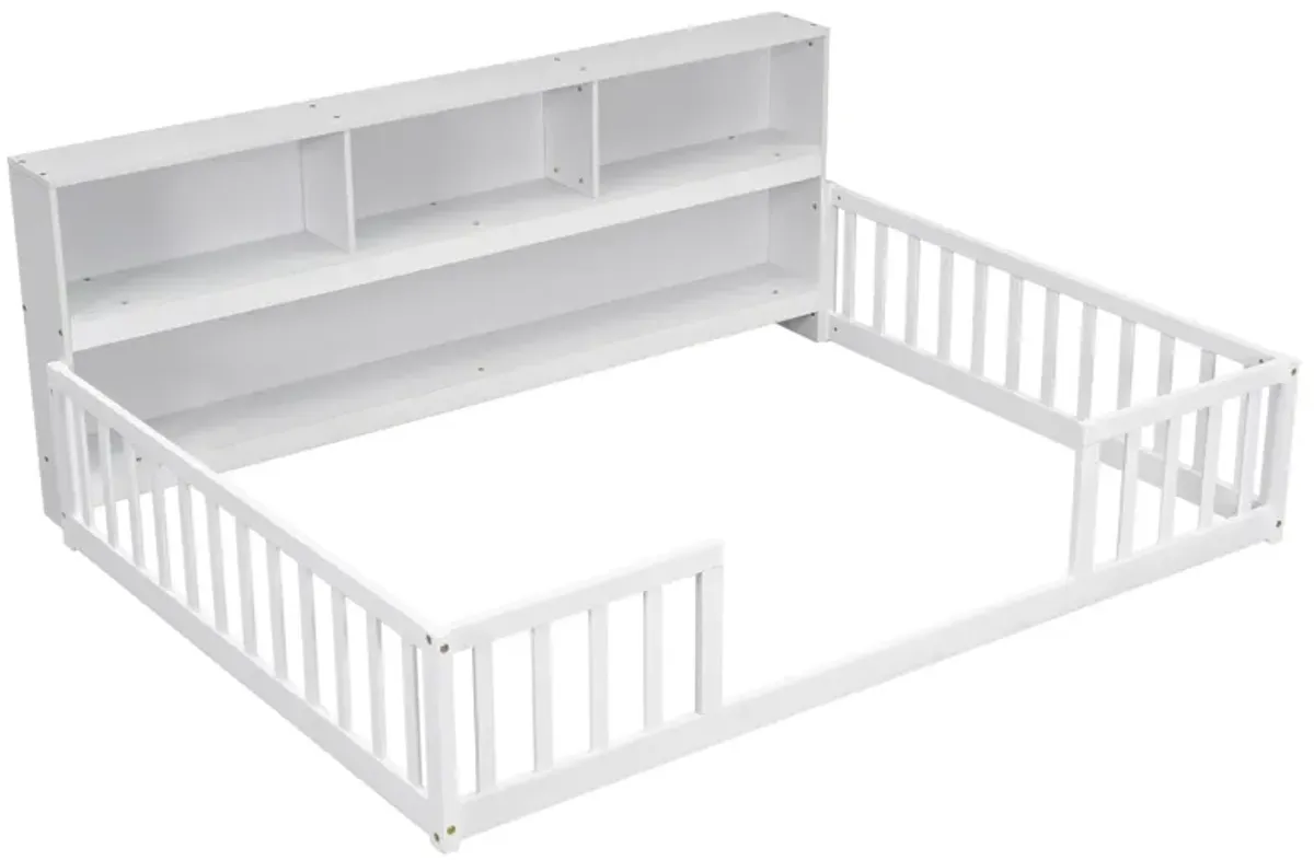 Floor Bed With Side Bookcase, Shelves, Guardrails