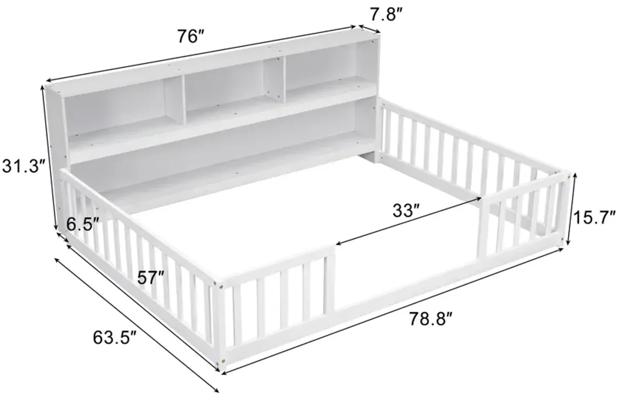 Floor Bed With Side Bookcase, Shelves, Guardrails