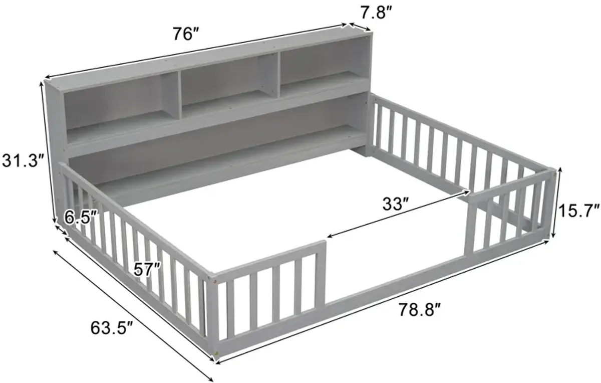 Floor Bed With Side Bookcase, Shelves, Guardrails