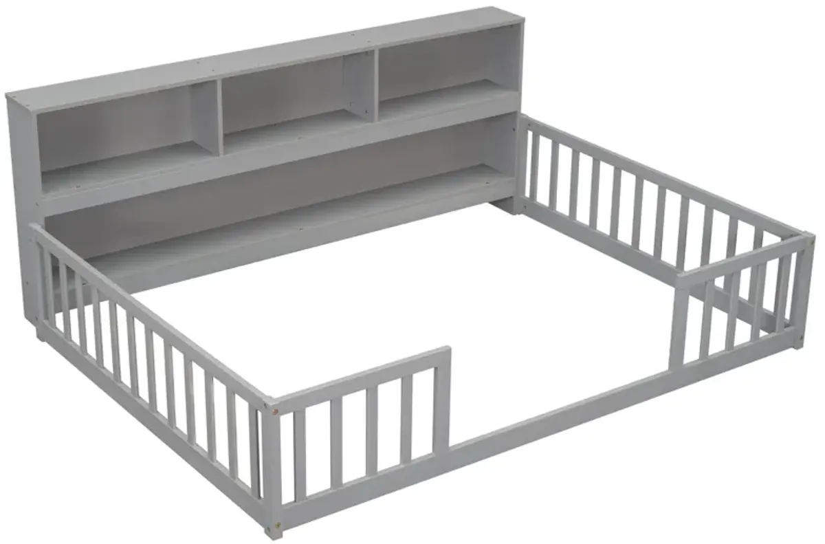 Floor Bed With Side Bookcase, Shelves, Guardrails