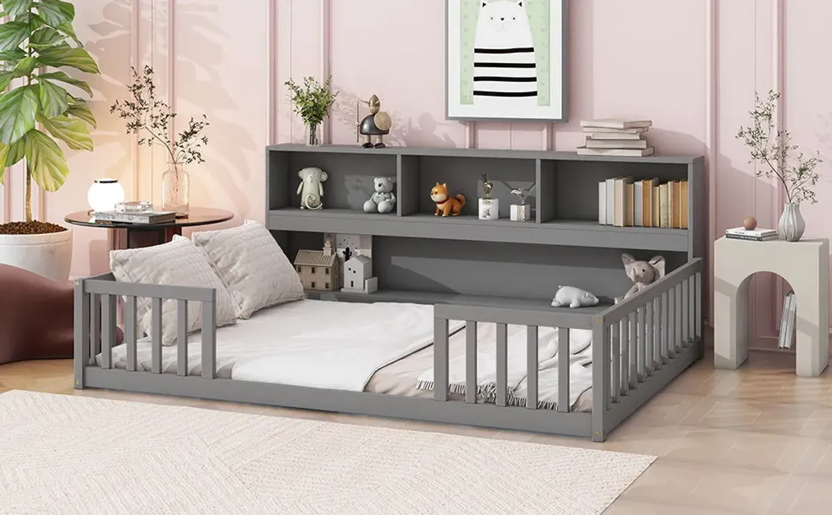 Floor Bed With Side Bookcase, Shelves, Guardrails