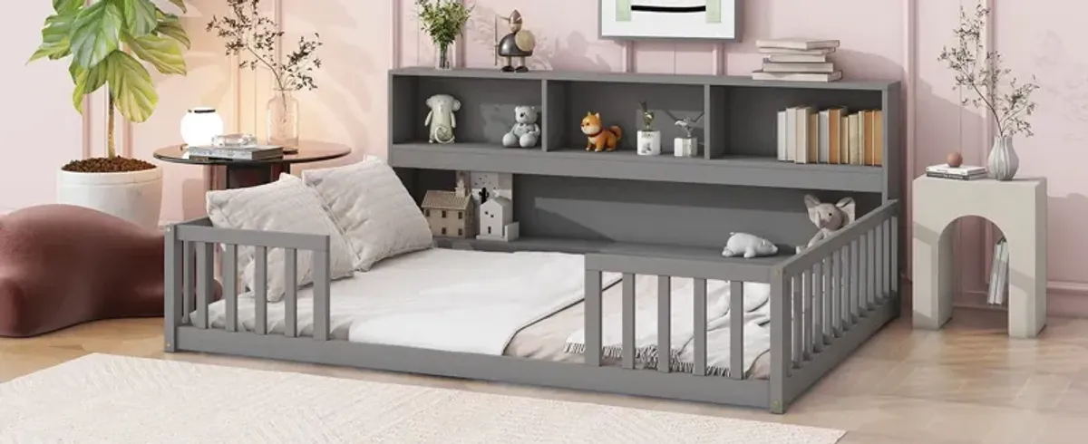 Floor Bed With Side Bookcase, Shelves, Guardrails