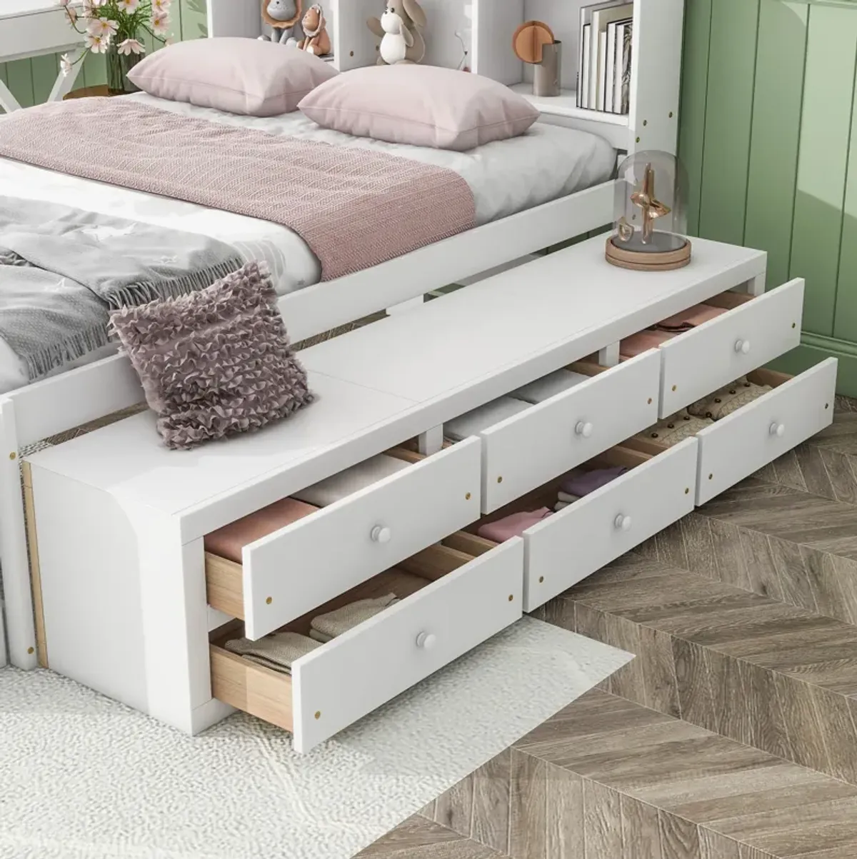 Bed With Bookcase Headboard, Under Bed Storage Drawers And Bed End Storage Case