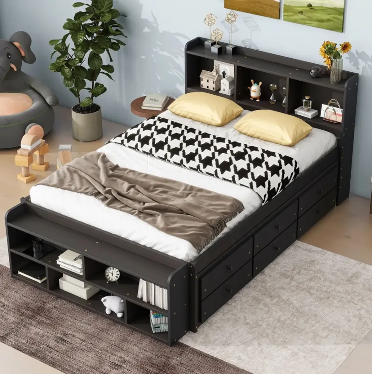 Bed With Bookcase Headboard, Under Bed Storage Drawers And Bed End Storage Case