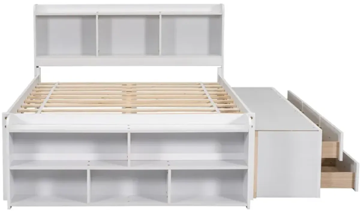 Bed With Bookcase Headboard, Under Bed Storage Drawers And Bed End Storage Case