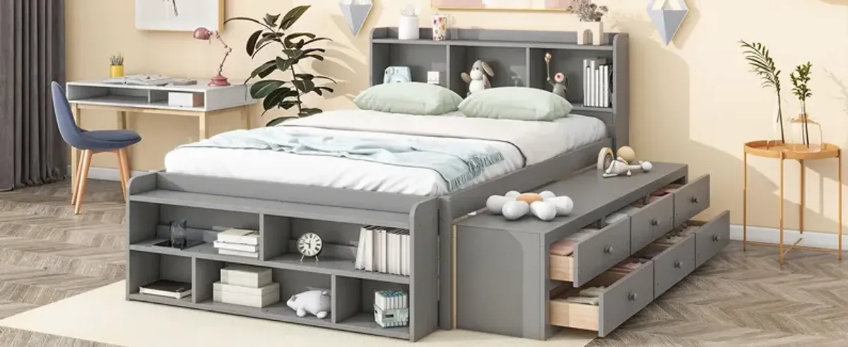 Bed With Bookcase Headboard, Under Bed Storage Drawers And Bed End Storage Case