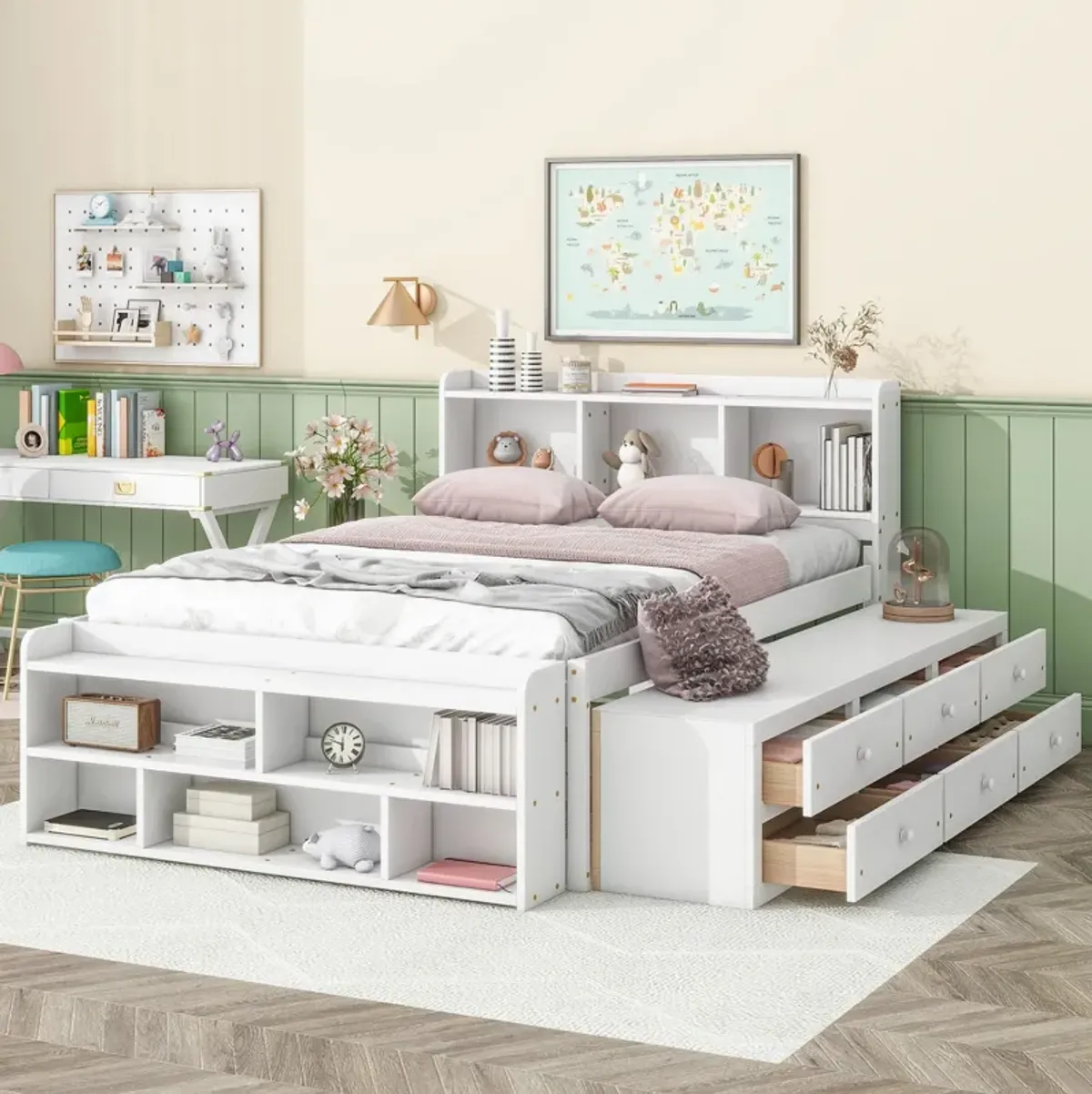 Bed With Bookcase Headboard, Under Bed Storage Drawers And Bed End Storage Case